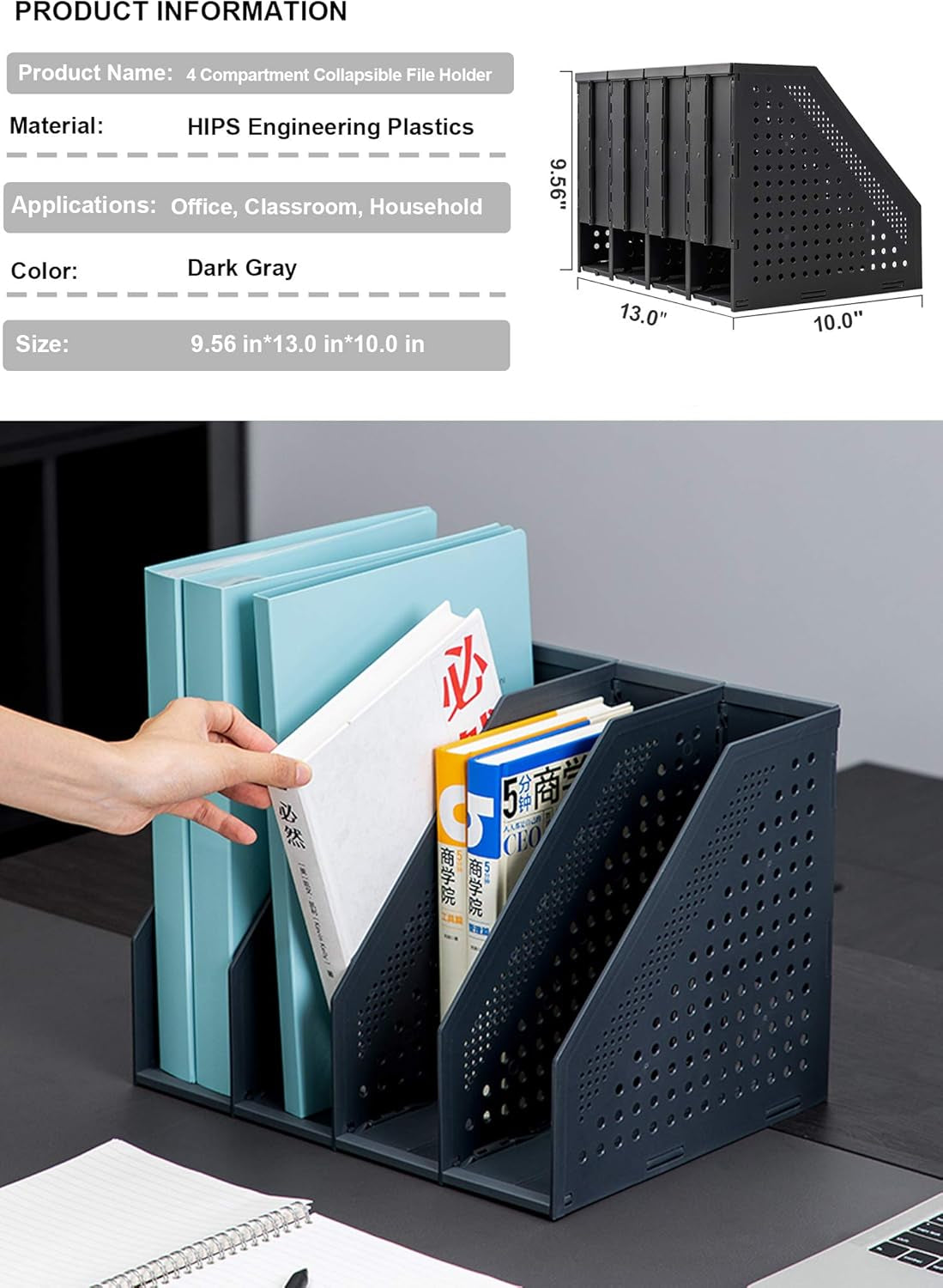 Collapsible Magazine File Holder/Desk Organizer for Office Organization and Storage with 4 Vertical Compartments
