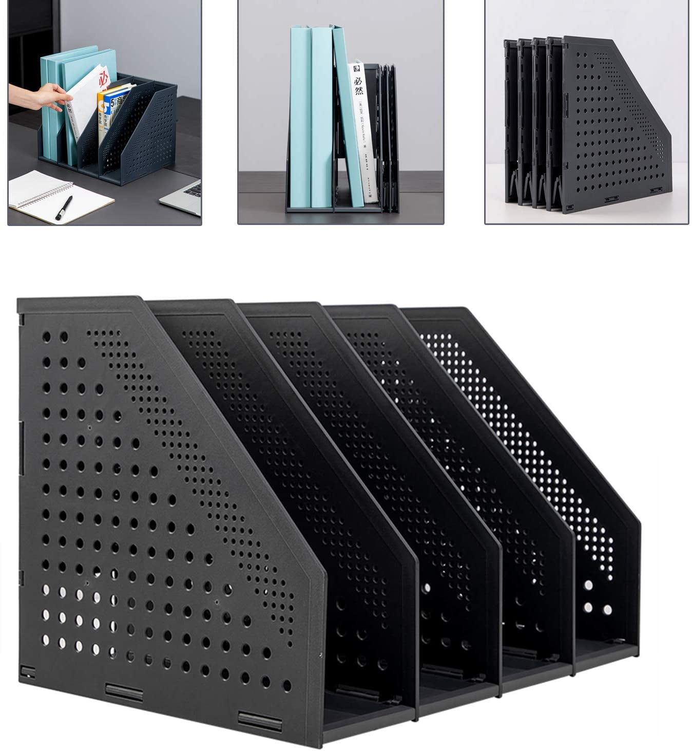 Collapsible Magazine File Holder/Desk Organizer for Office Organization and Storage with 4 Vertical Compartments